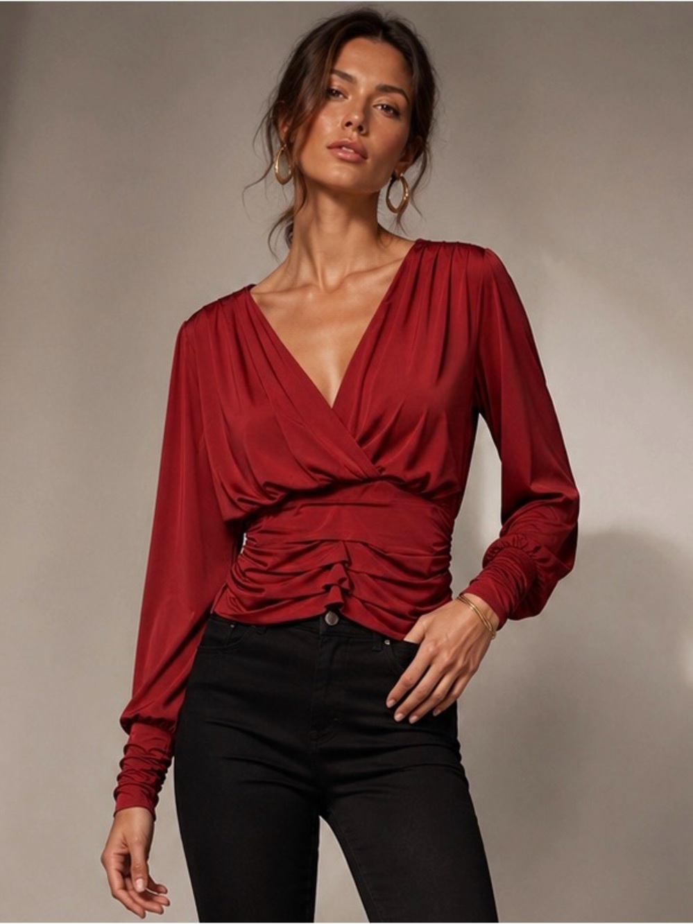EXPRESS Women's Deep Red Ruched Blouse